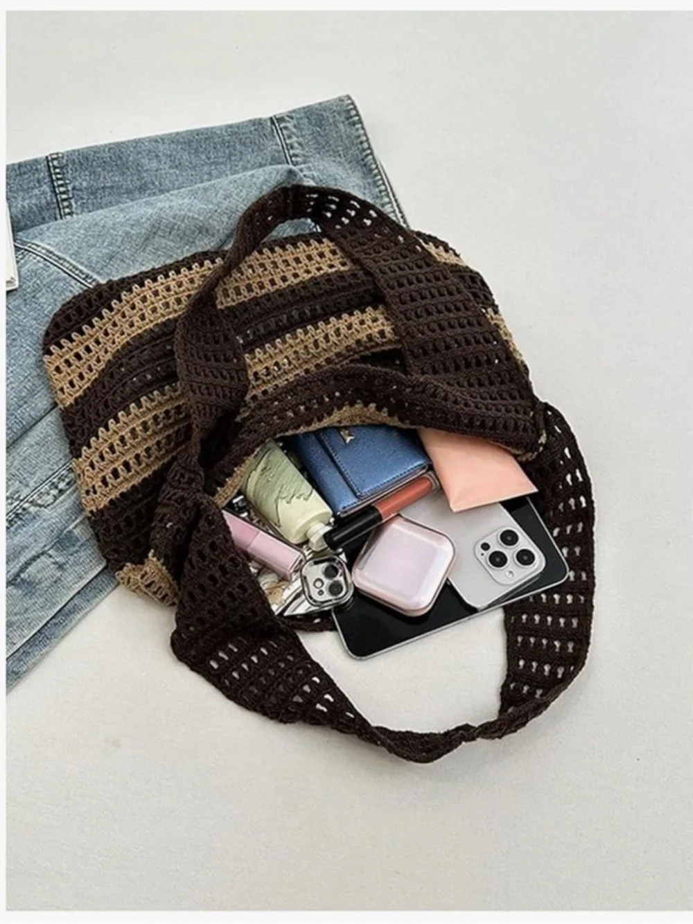 Women's Color Block Striped Crochet Tote Bag